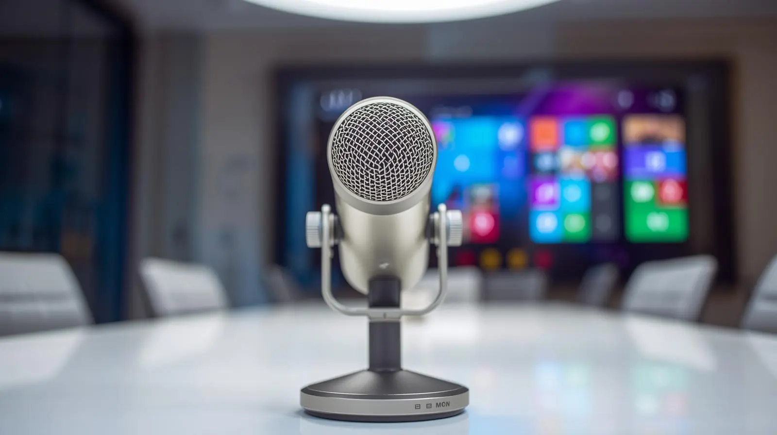 Close-up of technology essentials, microphone, camera, and interactive display in a conference room