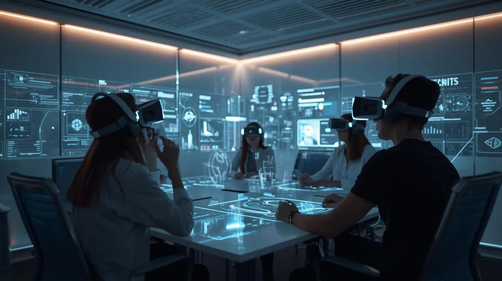 Futuristic setup with AR VR headsets or an immersive digital meeting environment