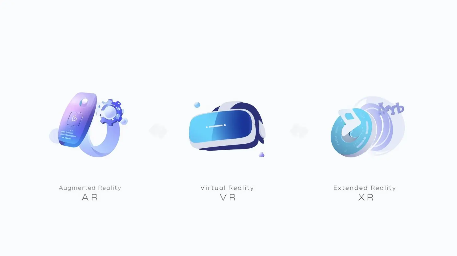 A simple but modern visual showing AR, VR, and XR side by side