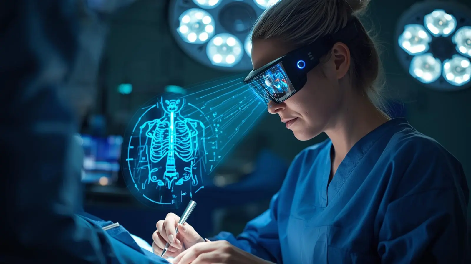 A surgeon wearing AR glasses with digital overlays of anatomy during a procedure