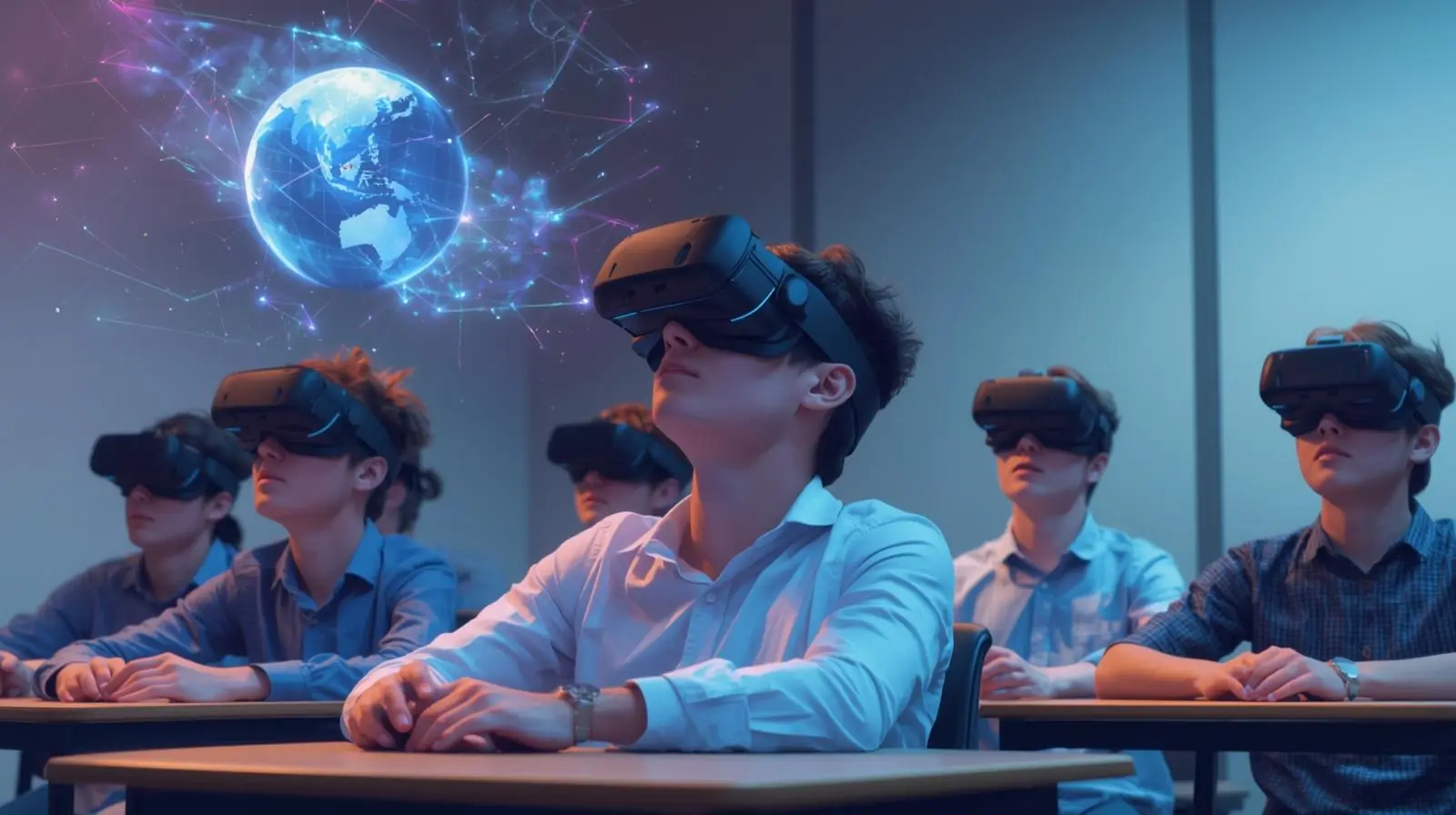 Students in a classroom using VR headsets while an AR globe or 3D model is projected