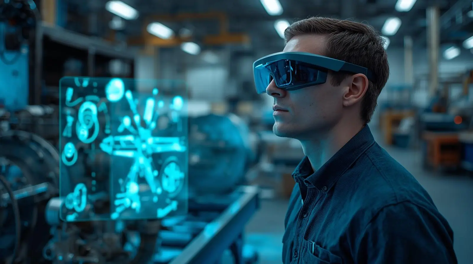 An engineer using AR glasses to view machine parts with digital overlays for maintenance