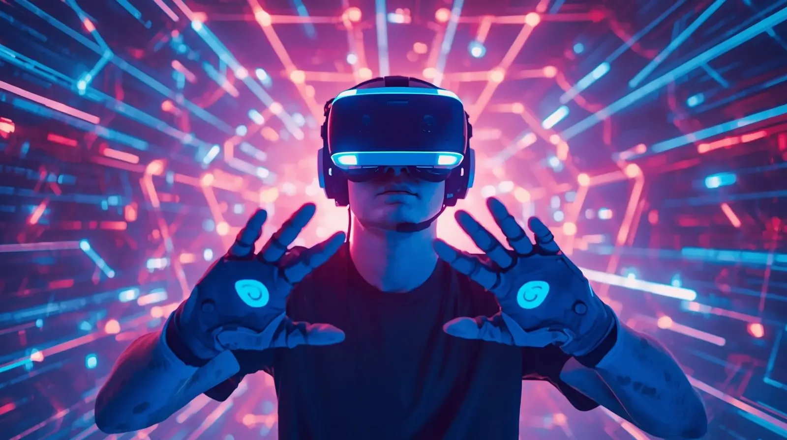 A gamer in VR gear inside a vibrant immersive environment