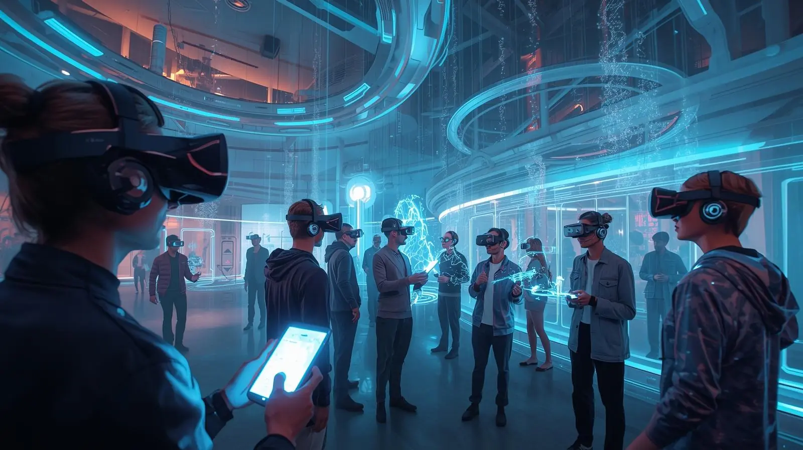 Concept art of the metaverse, people interacting in a shared digital-physical world with holograms and XR