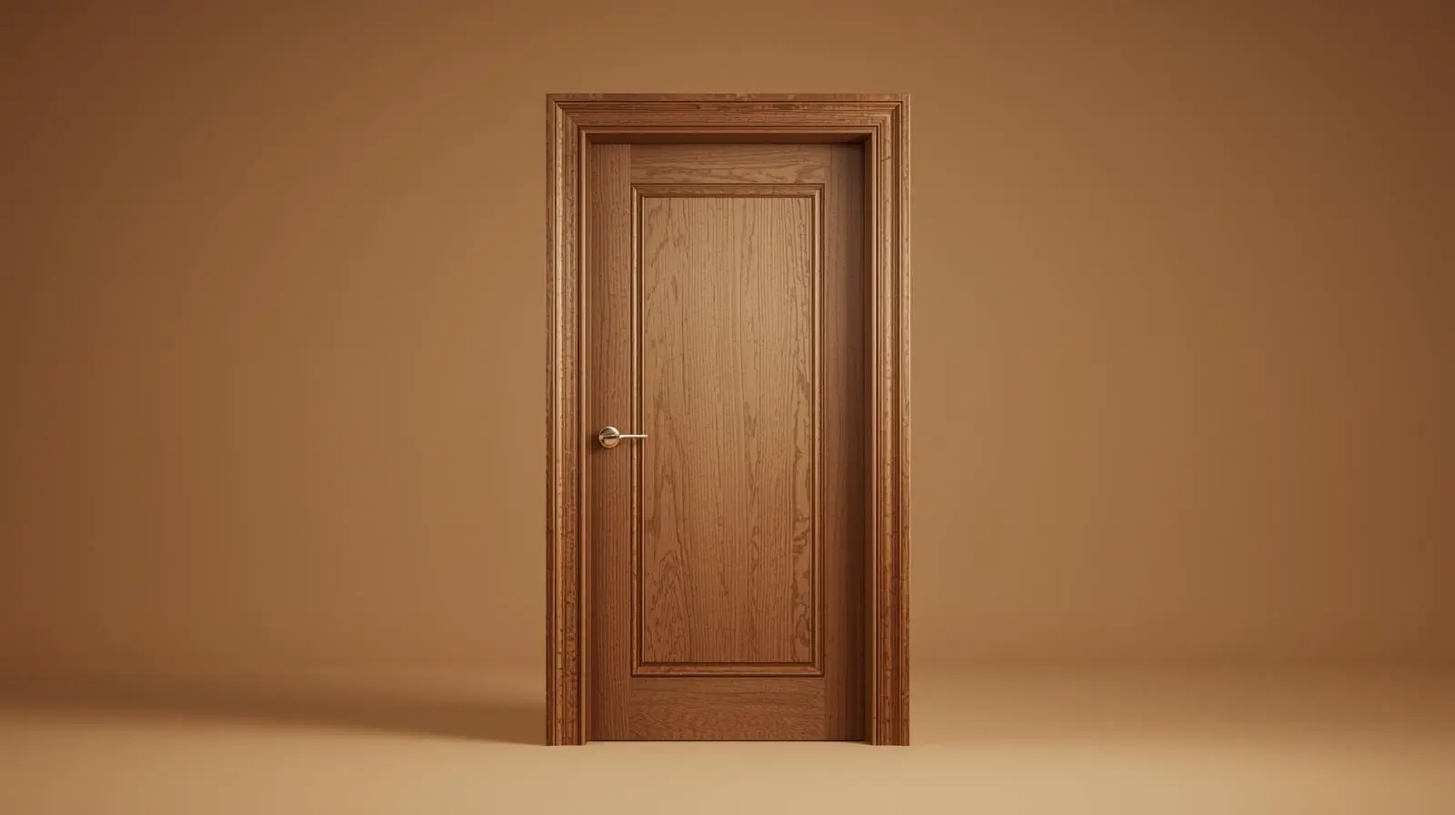 A simple, clean photo of a solid-core wooden door slightly ajar, showing thickness