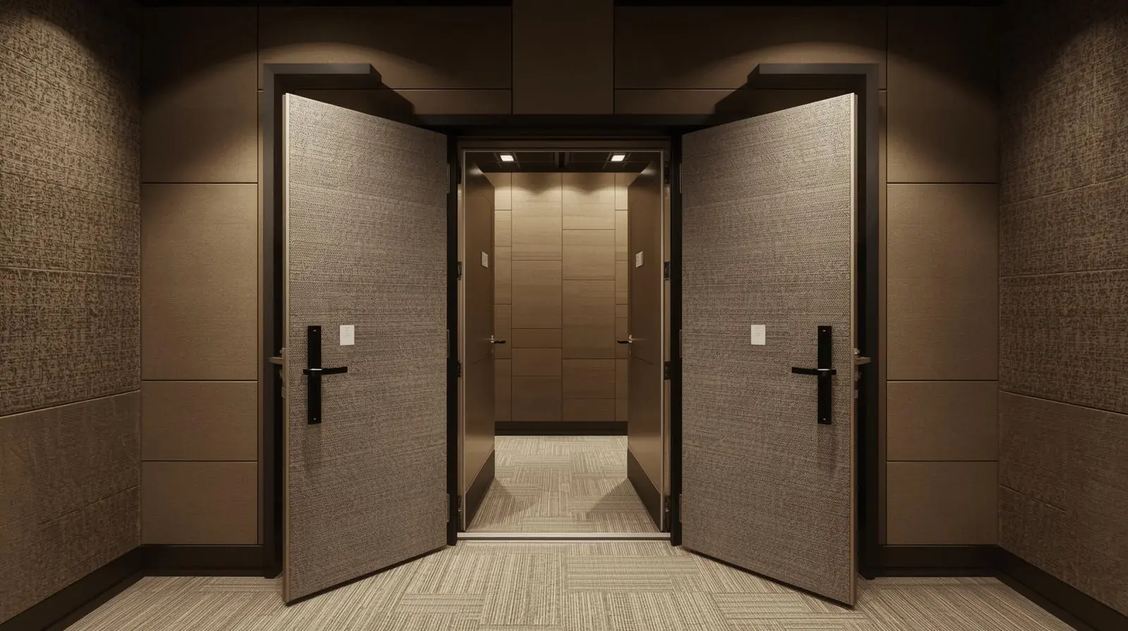 A studio entrance showing two heavy acoustic doors with a small space in between (airlock-style)