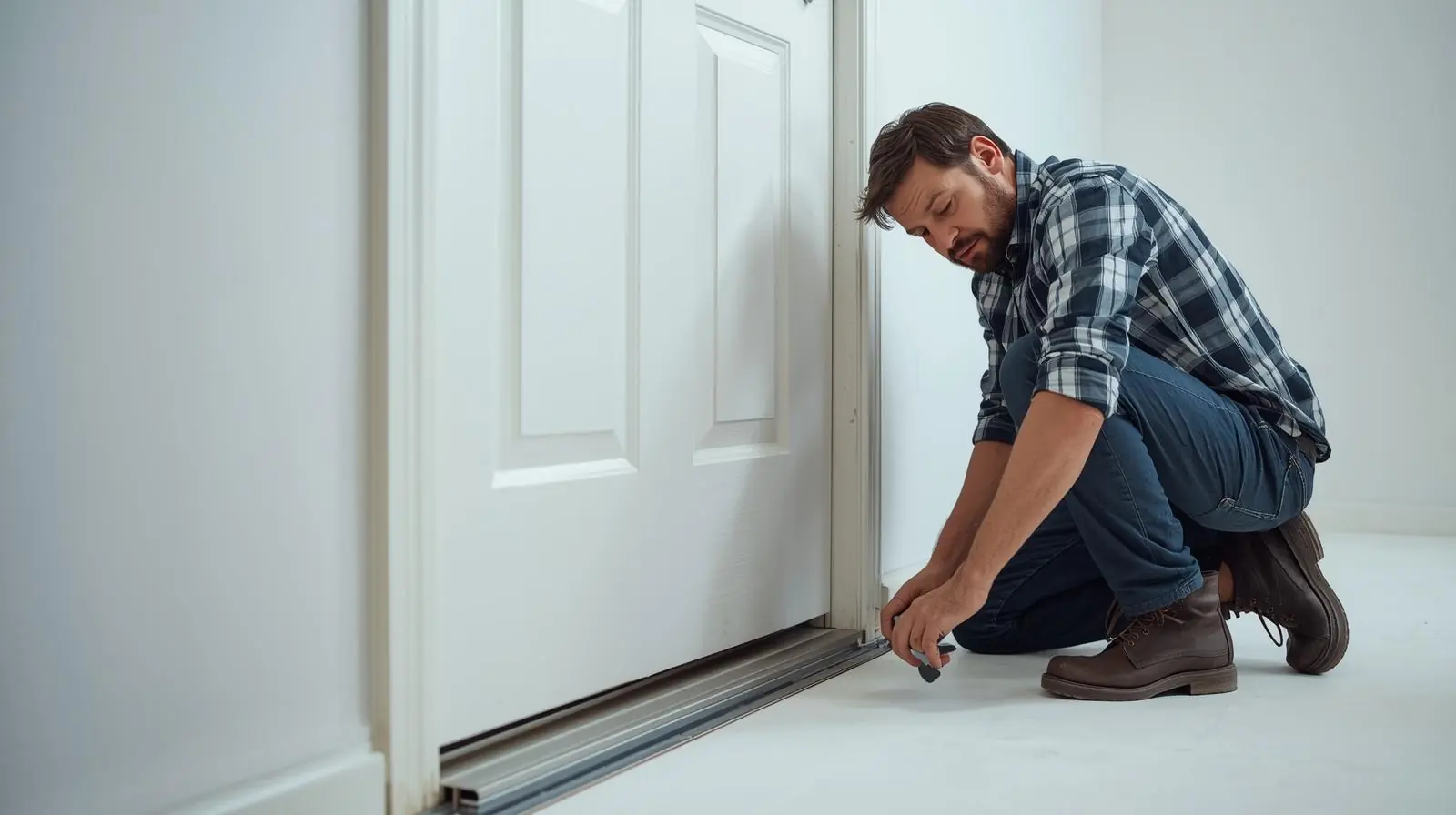 A man applying weatherstripping or installing a door sweep at the bottom of a studio door