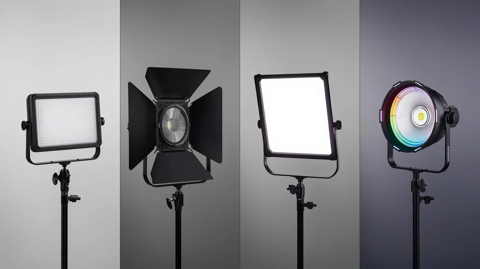 A side-by-side product-style shot showing different LED lights (panel, softbox, spotlight, RGB)