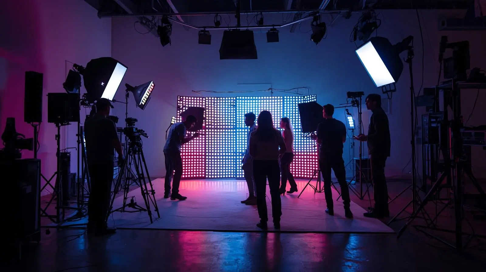 A video shoot in progress with LED panels or RGB lights visible in the background