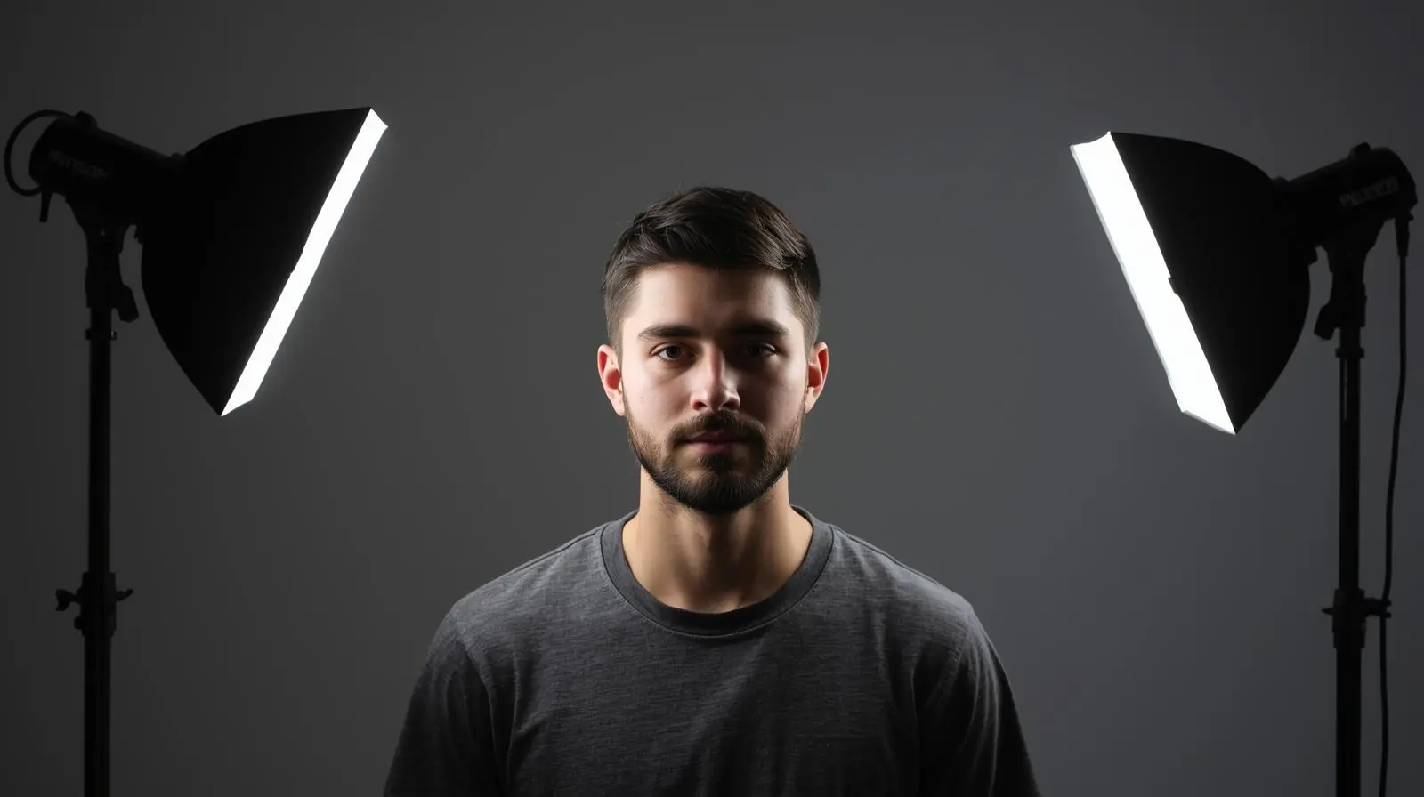 A clear example of a three-point lighting setup with key, fill, and back light visible around a subject