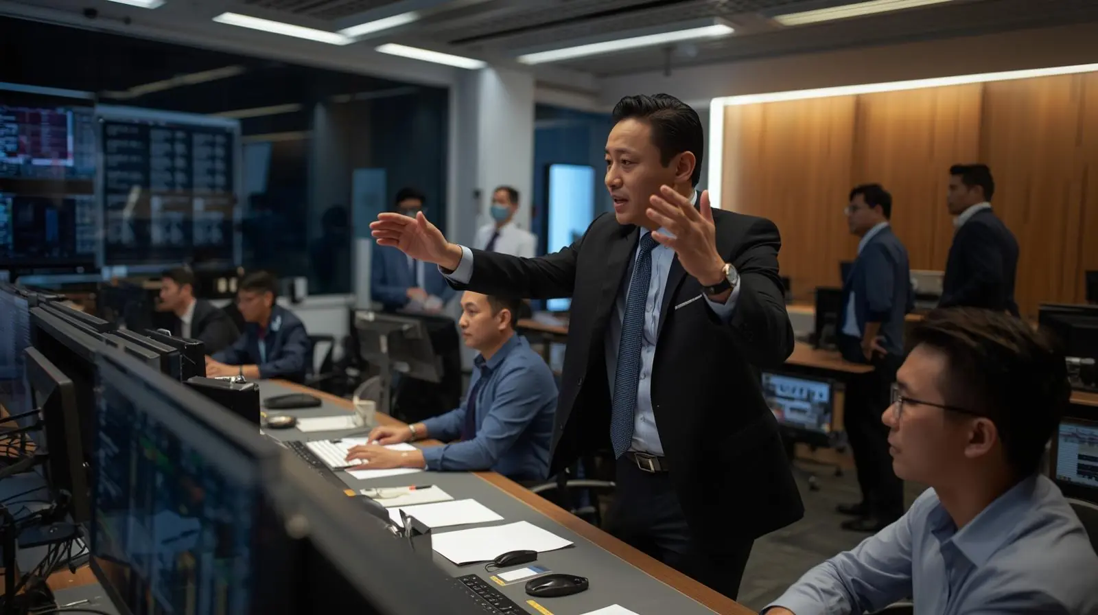 Director or technical director giving cues inside the control room, with staff at their workstations