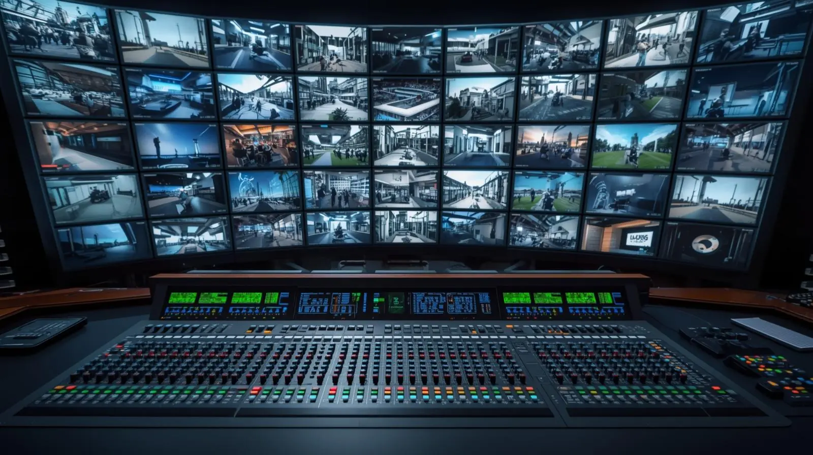Close-up of a video switcher and multiview monitor wall showing different camera feeds