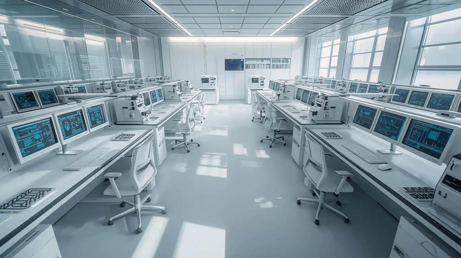 Wide-angle view of a well-organised, ergonomic PCR layout with neat consoles, monitors, and seating