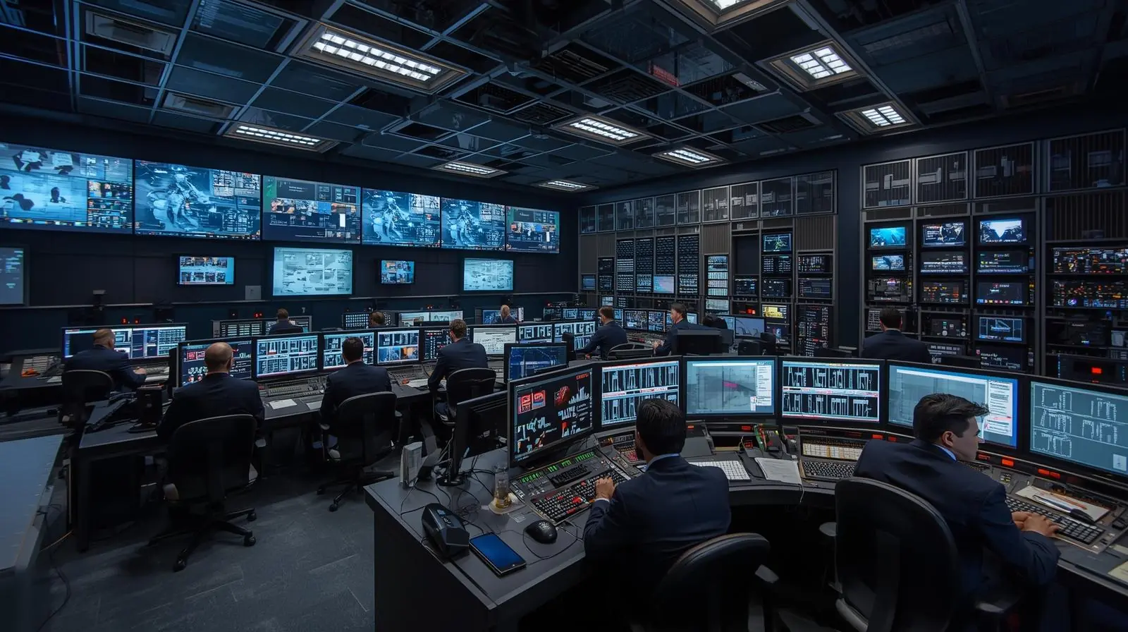 Professional uplink control room with racks of broadcasting equipment, monitors, and staff at work