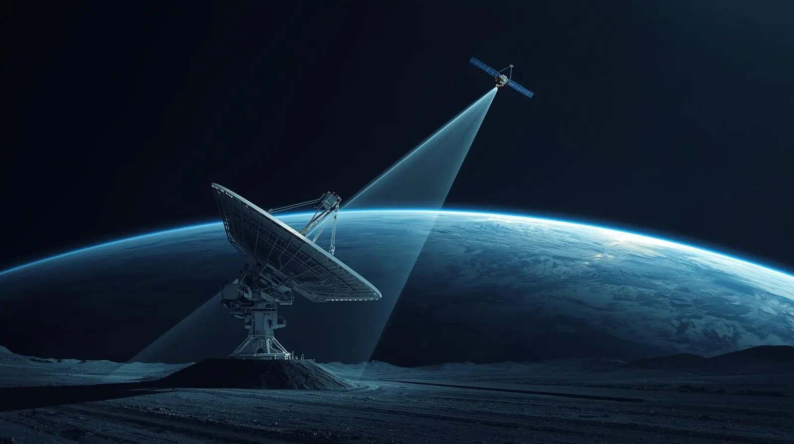 Diagram-style photo showing a large ground antenna transmitting a beam toward a satellite in orbit