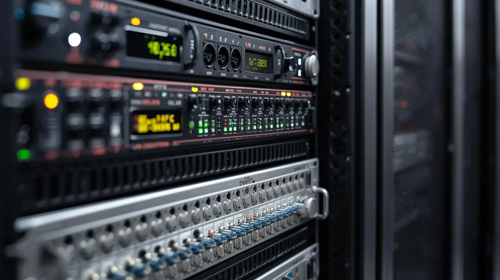 Broadcasting hardware (encoders, modulators, or high-power amplifiers) in a rack system