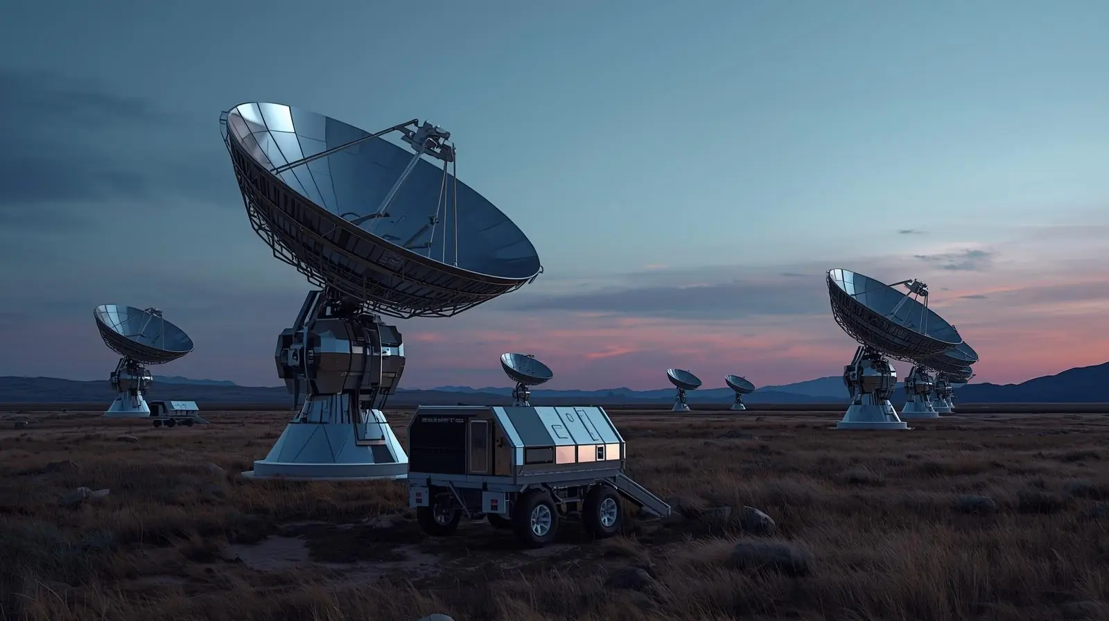 Modern, futuristic-looking satellite dish arrays or smaller portable uplink units in a field or remote area