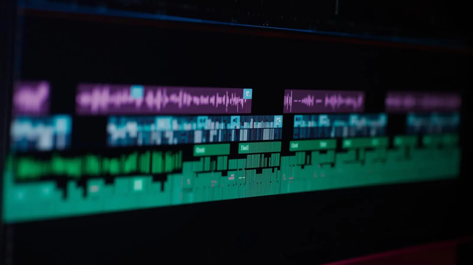 A clean, close-up screenshot or photo of an NLE timeline interface showing multiple video and audio tracks