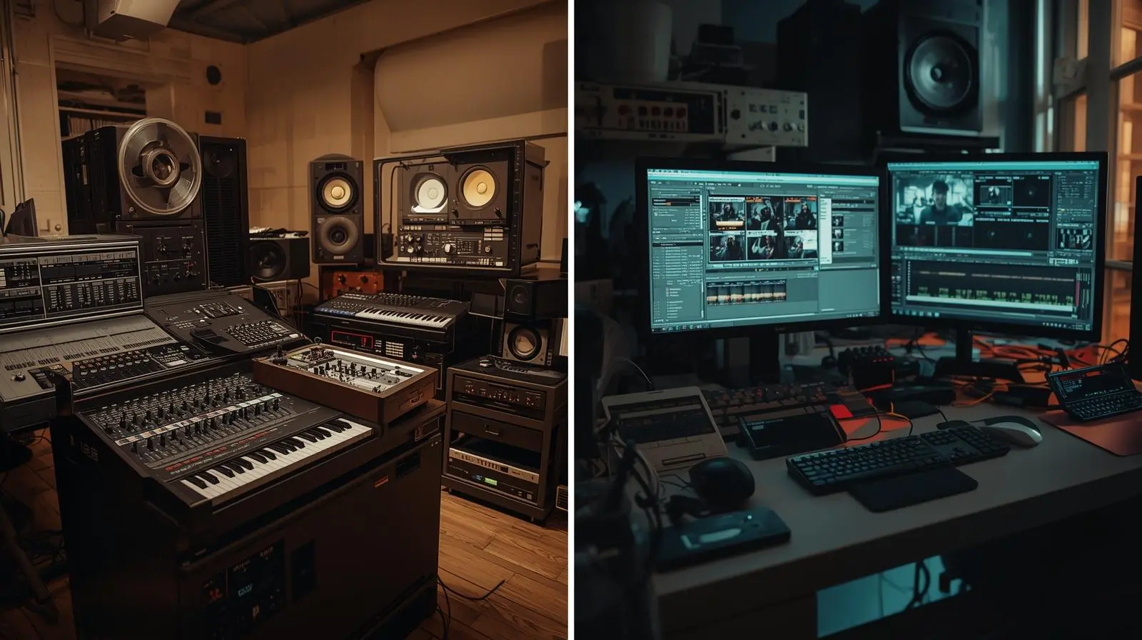 A side-by-side photo or montage of an old analogue film editing setup