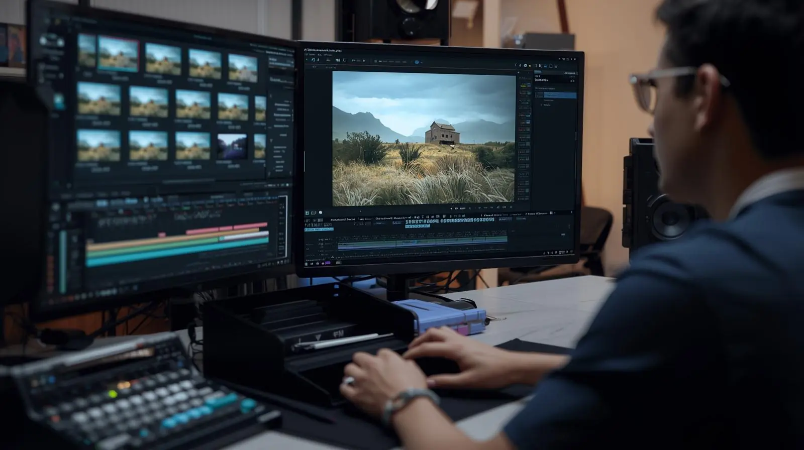 A workflow-style photo showing an editor organising footage, with panels open for media bins, source monitor