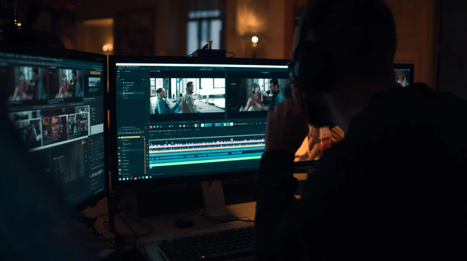 Content creator or filmmaker reviewing footage on a monitor