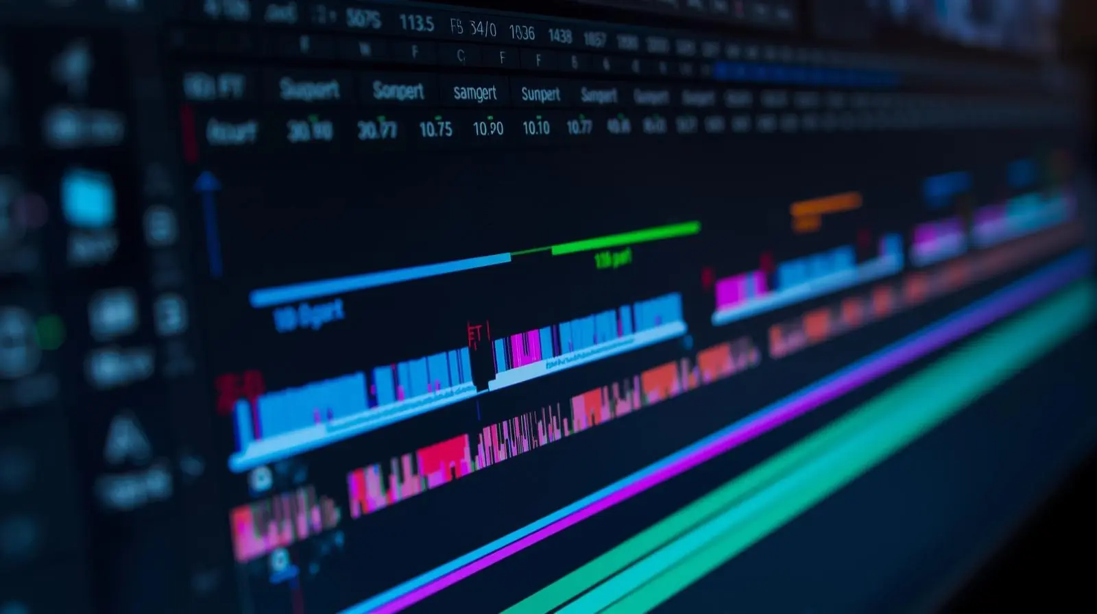 Editing timeline with layered video and audio tracks visible, focus on features like transitions, effects