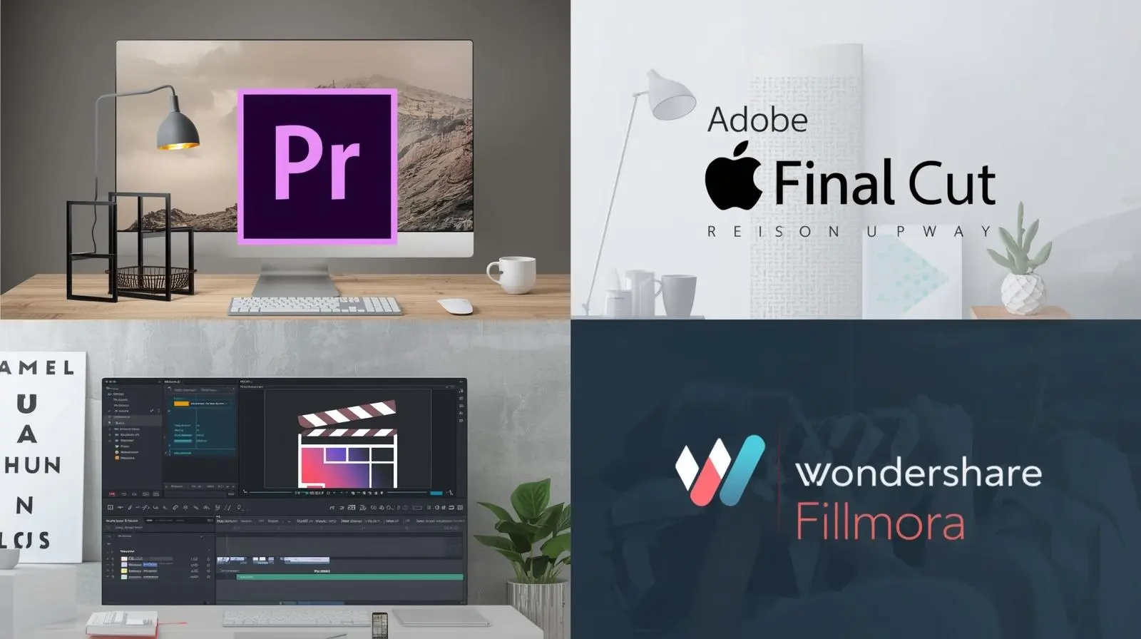 Collage or flat-lay style image showing logos or open screens of popular software like Premiere Pro