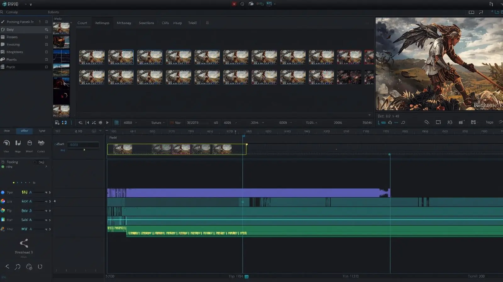 A timeline view of a video editing software with multiple video and audio tracks