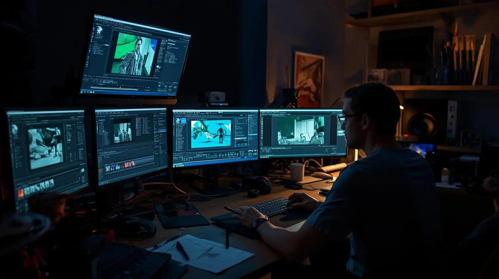 A compositor’s workspace, an artist applying VFX to green-screen footage or layering CGI over live action