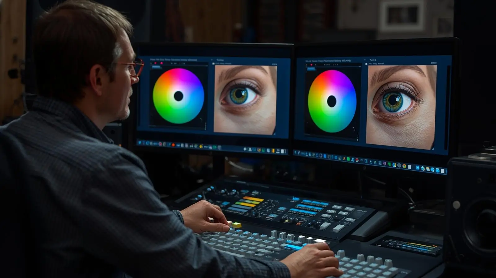 A colourist at a grading console with colour wheels on screen, showing before-and-after of a film frame