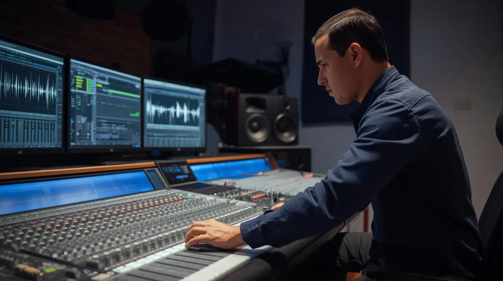 A professional audio engineer mixing tracks in a studio, visible mixing console, monitors, waveform display