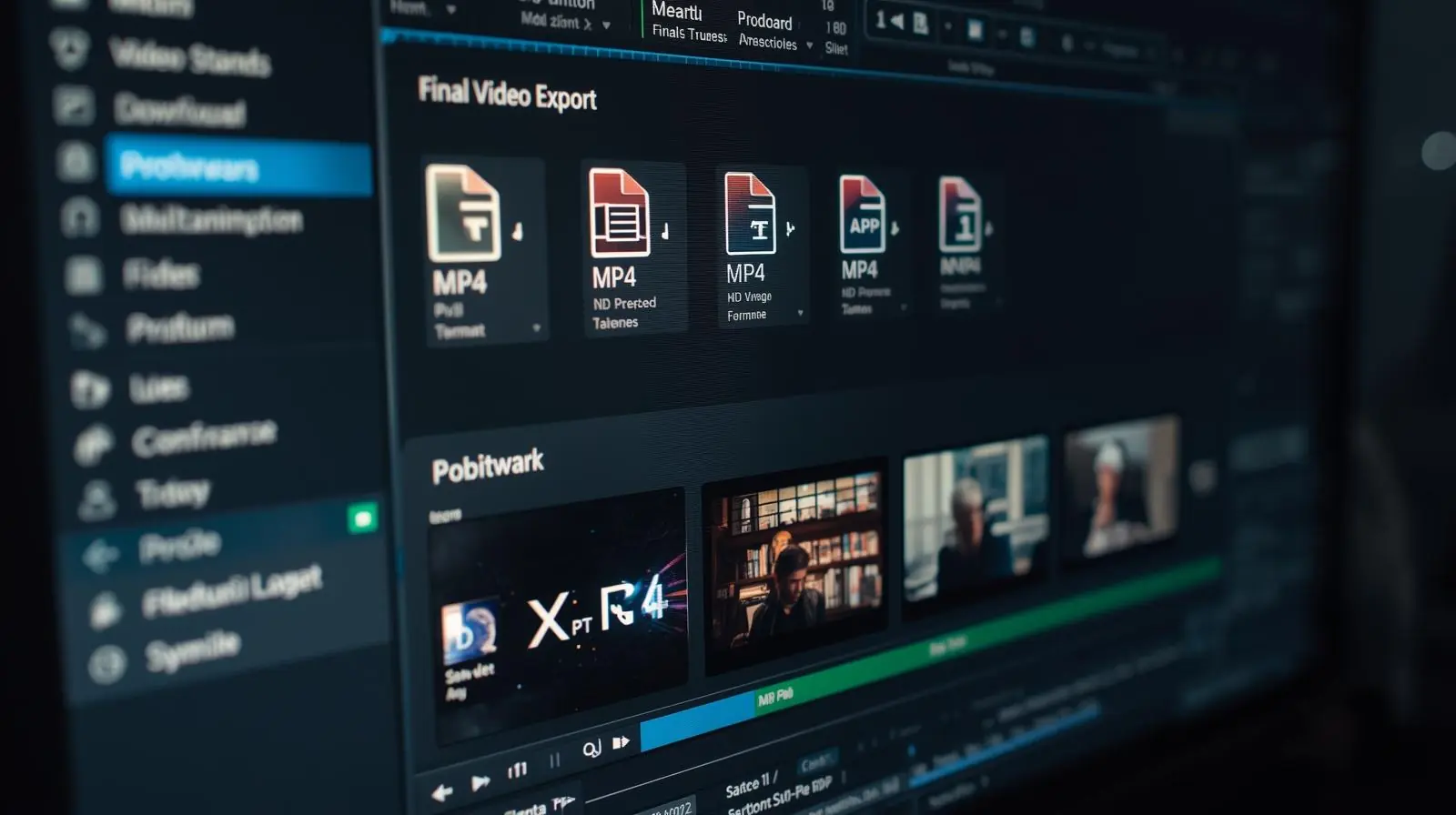 A screen displaying final exports in progress, progress bars or multiple video format icons