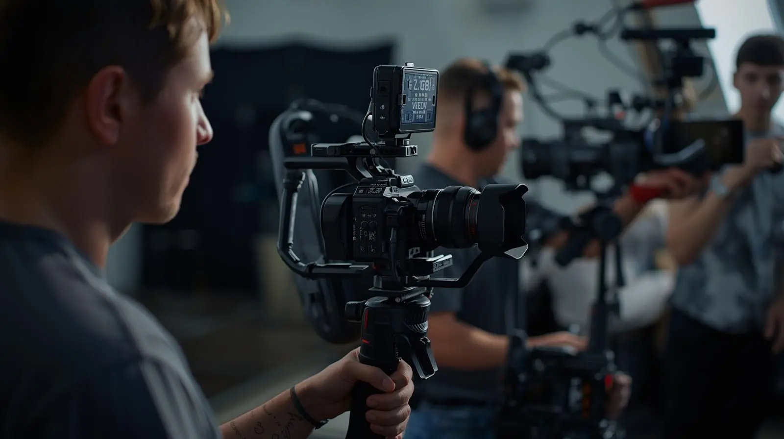 A content creator or small crew filming with a mirrorless hybrid camera on a gimbal or handheld rig
