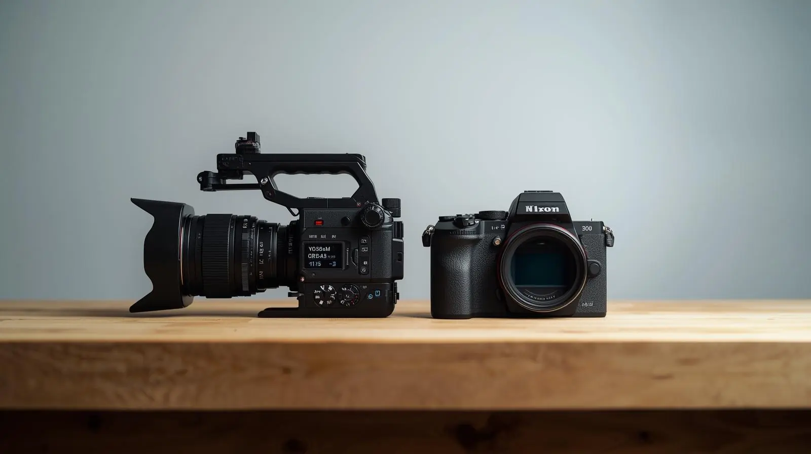 A clean side-by-side setup of a cinema camera and a hybrid camera placed on a workbench