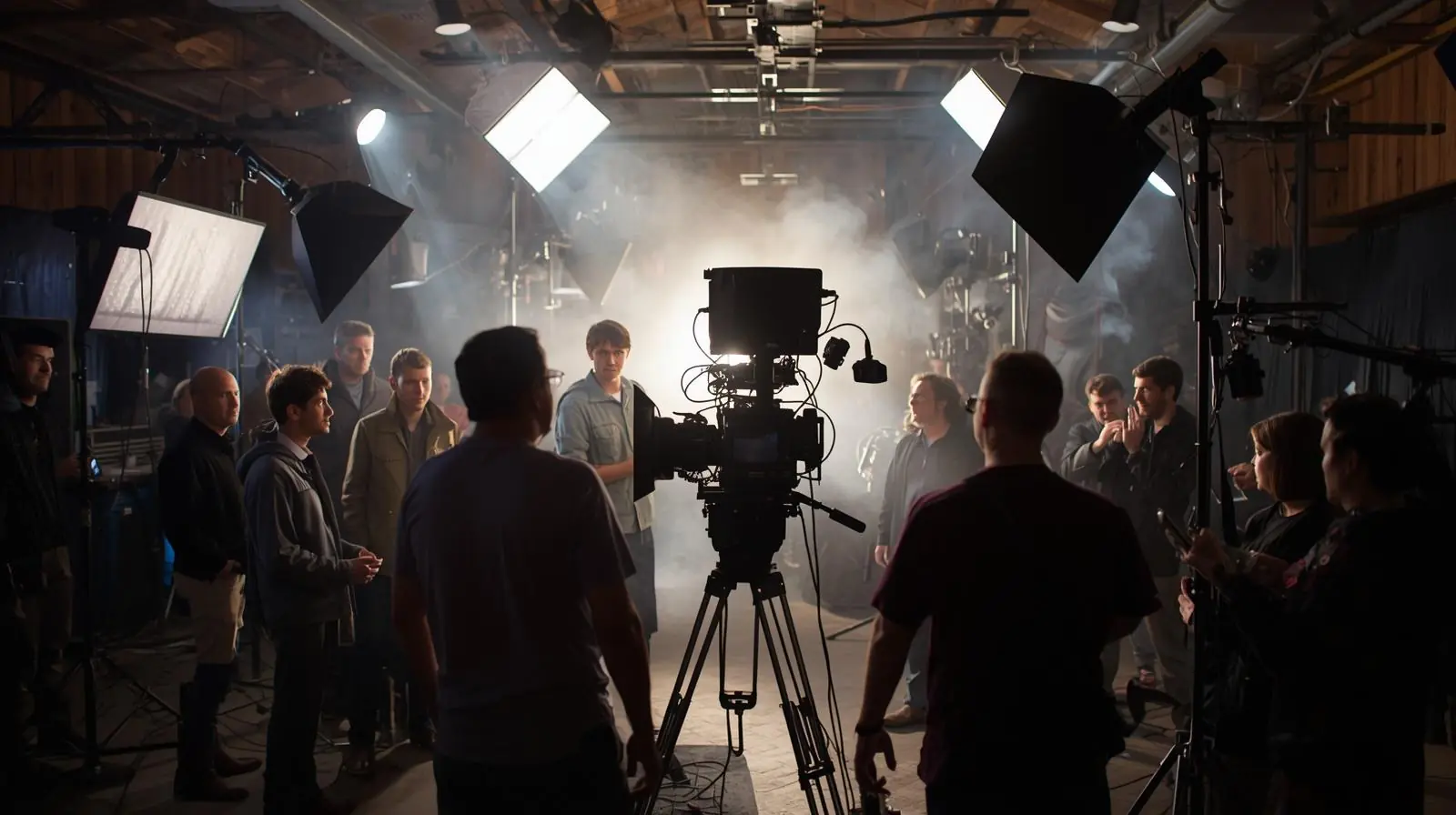 A professional film crew shooting a scene with lighting, sound equipment, and a large camera rig