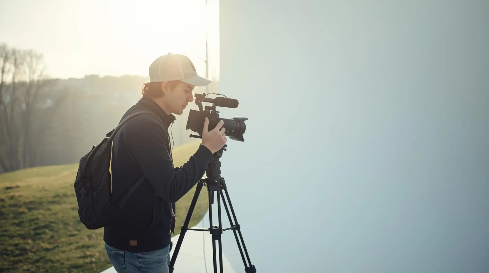 A solo filmmaker or vlogger filming outdoors or in a minimal setup, camera on tripod or gimbal