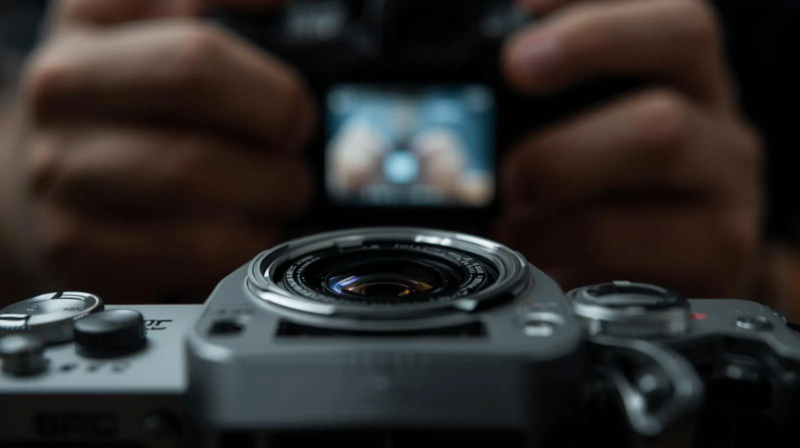 Camera sensor and lens mount, showing technical detail or a creator adjusting settings on the LCD screen
