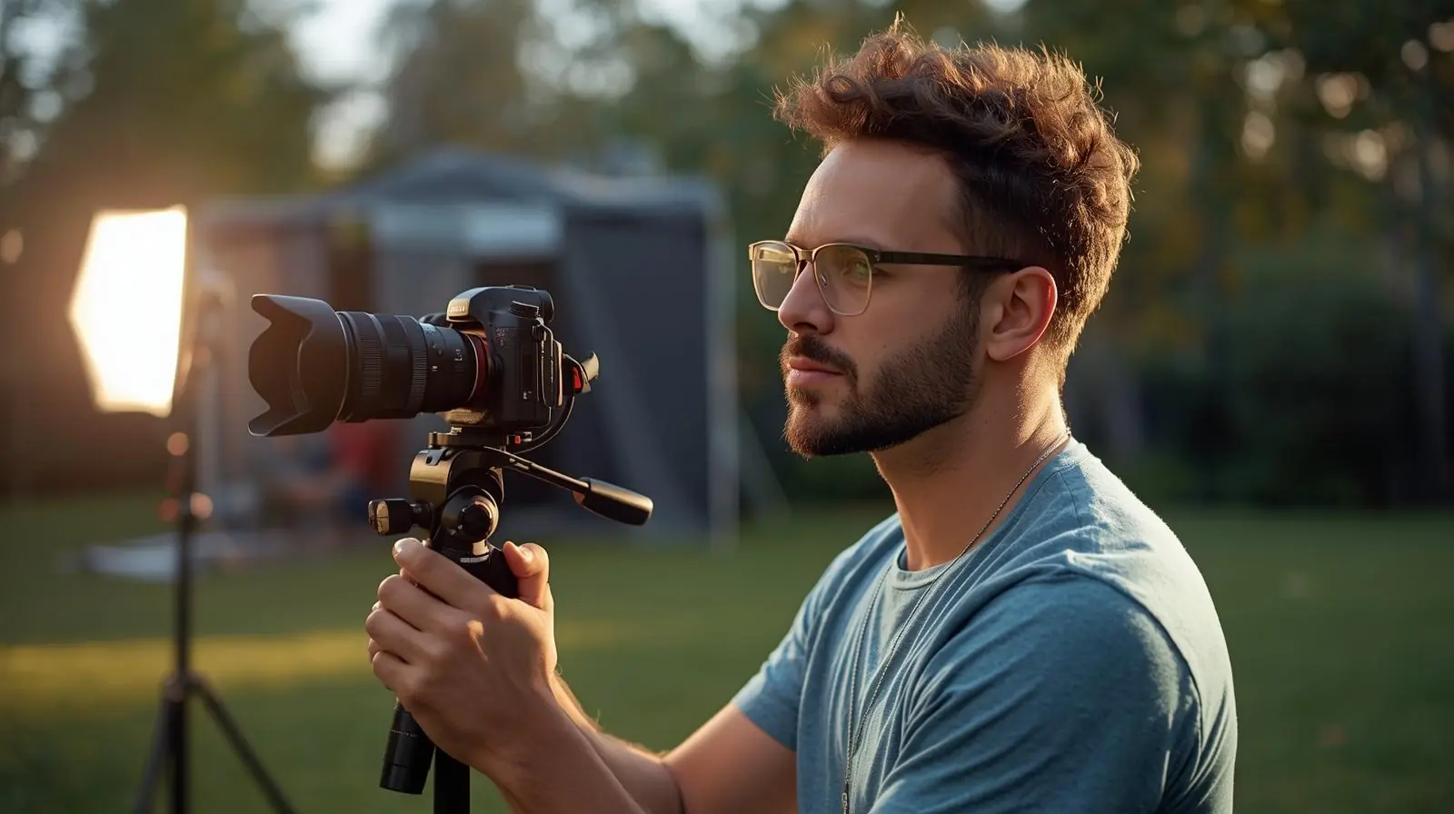 A creator vlogging with a mirrorless camera on a tripod or handheld, outdoors or in a well-lit studio