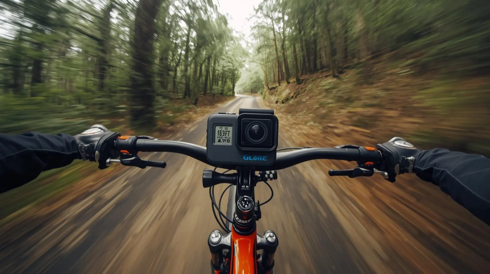 Compact 360 or action camera mounted on a helmet, handlebar, or selfie stick