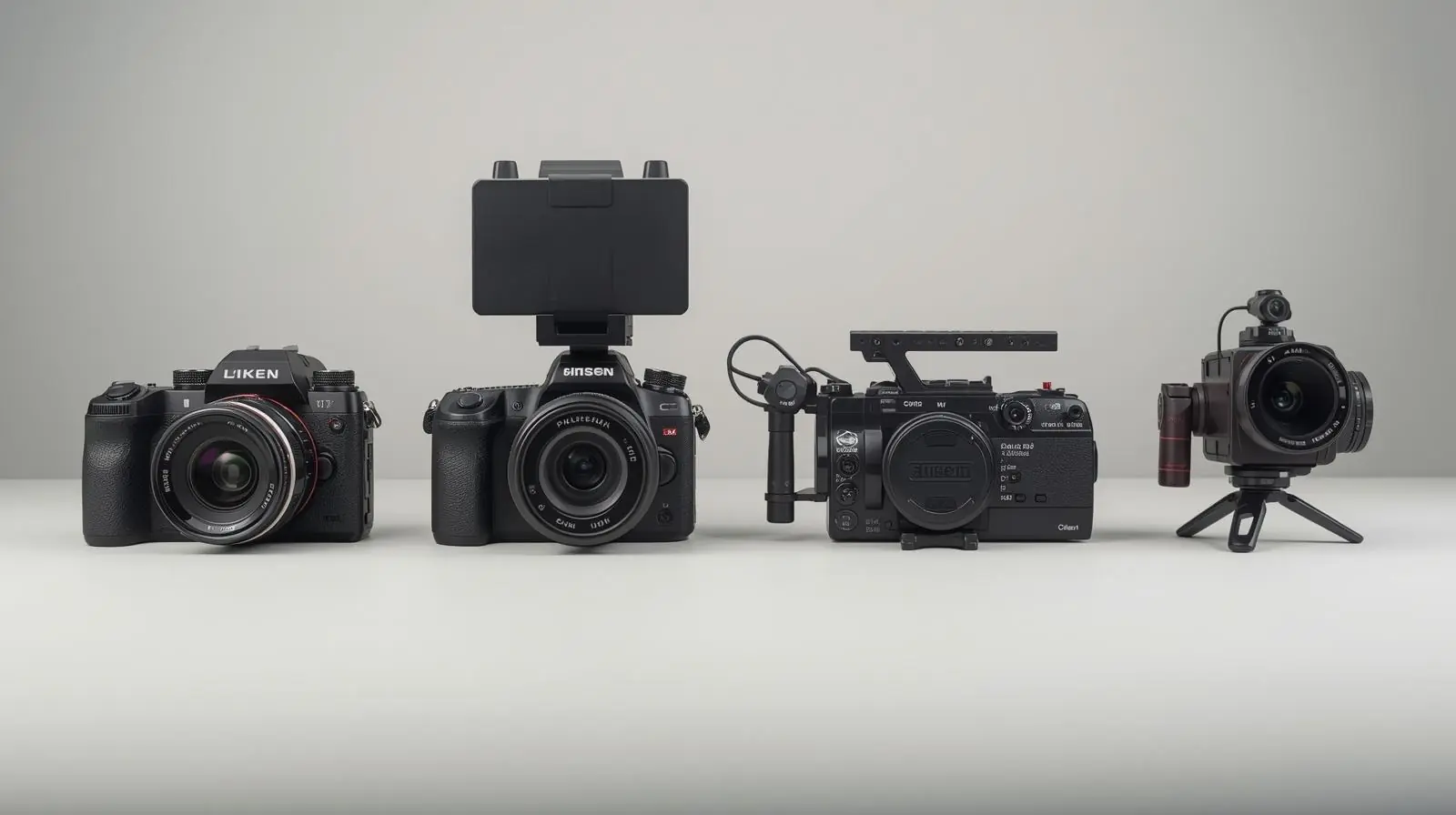 A side-by-side lineup of different camera types, a mirrorless camera, a cinema camera, an action camera