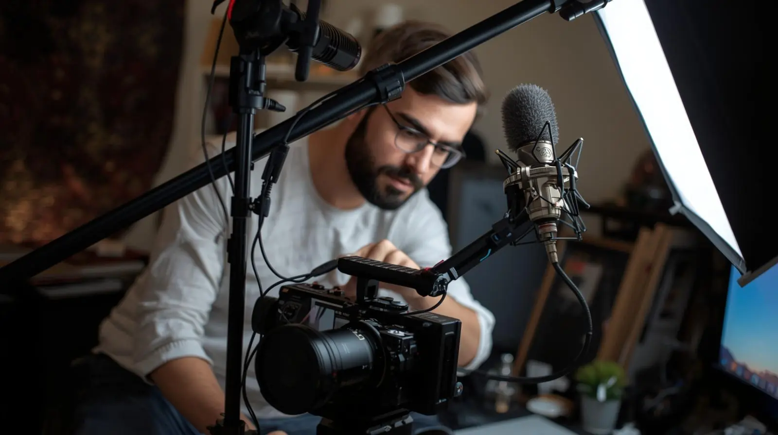 Content creator setting up lighting and audio around a camera