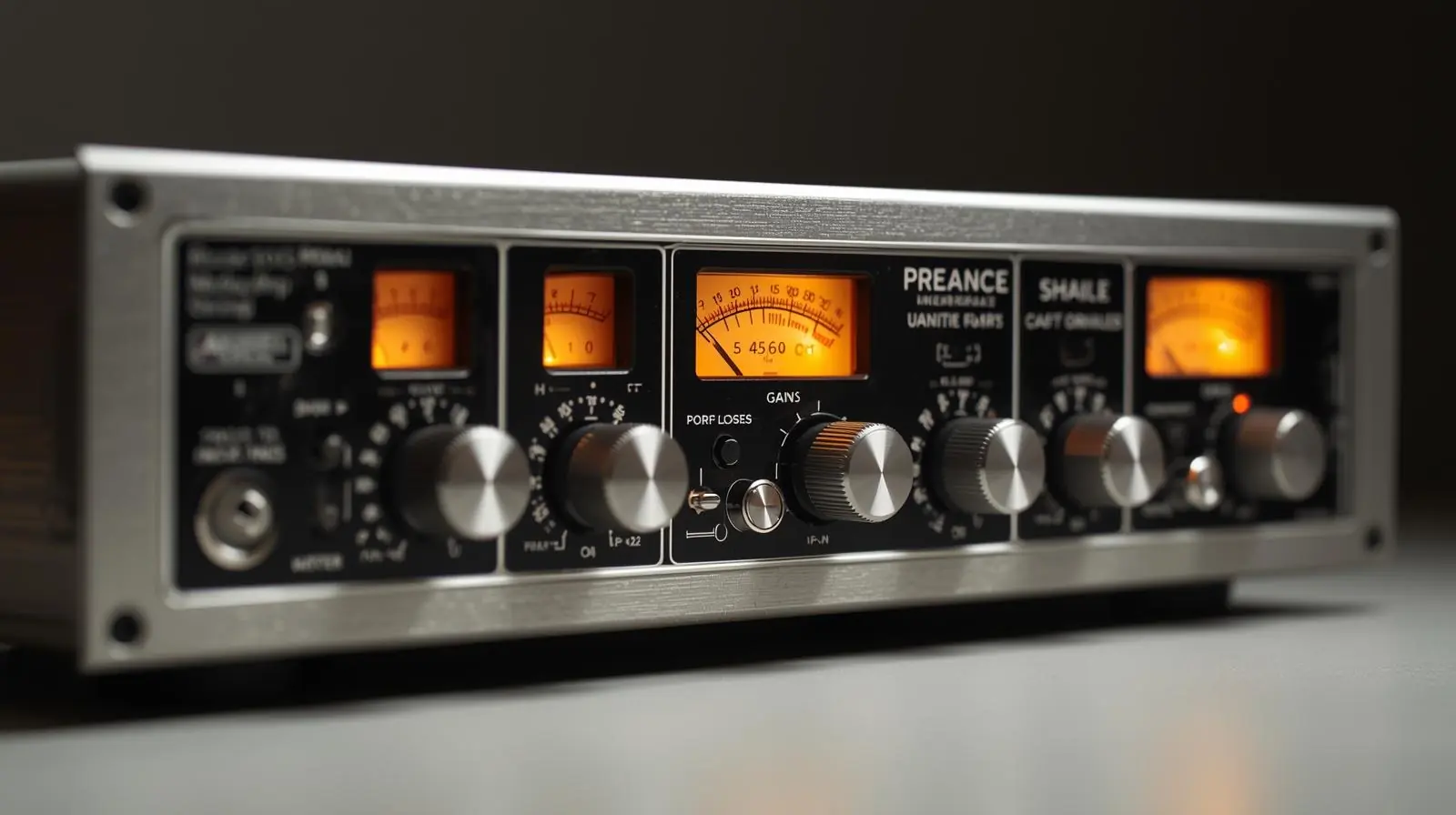 Standalone microphone preamp unit with clearly visible gain knobs and meters