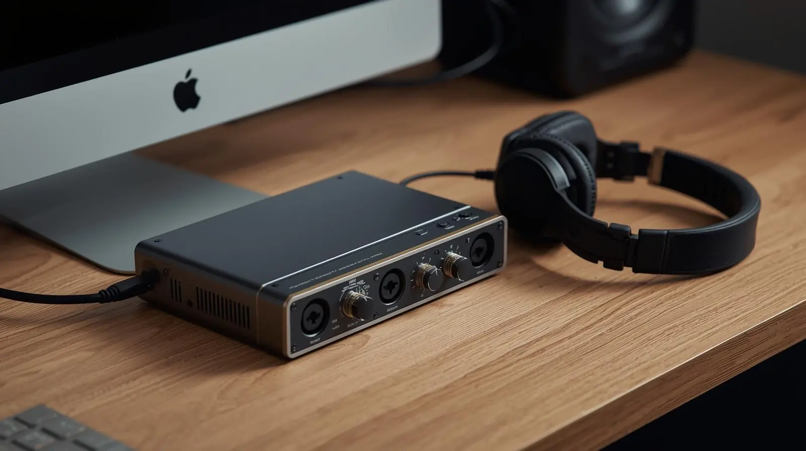 Professional-grade audio interface on a desktop, connected to a computer and headphones