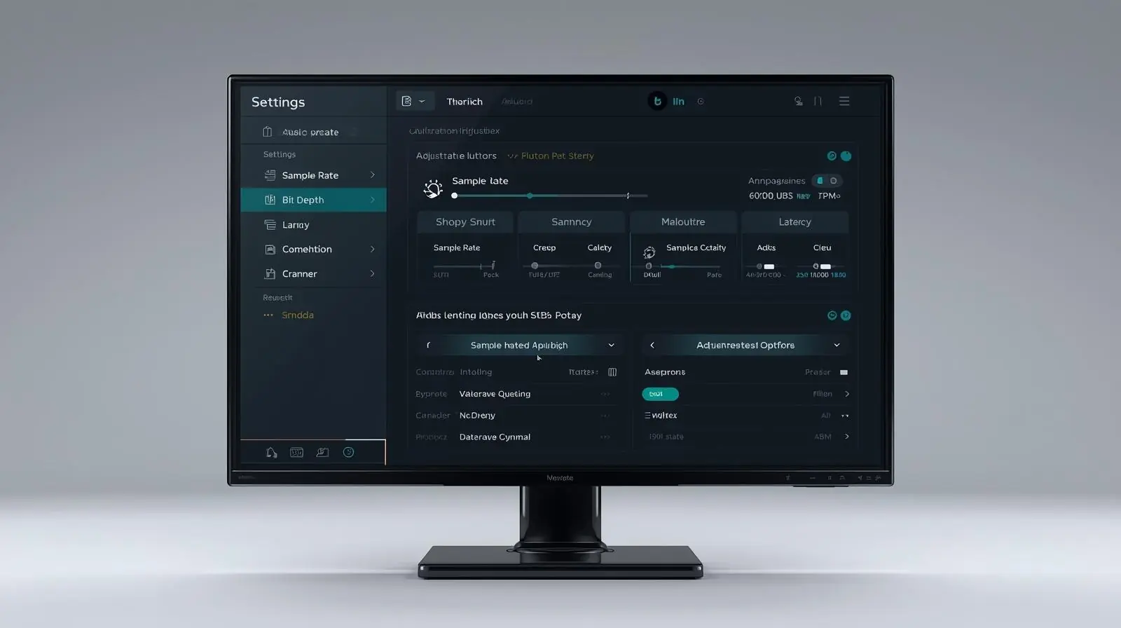 Interface screen or monitor showing a DAW’s settings panel (sample rate, bit depth, latency settings)