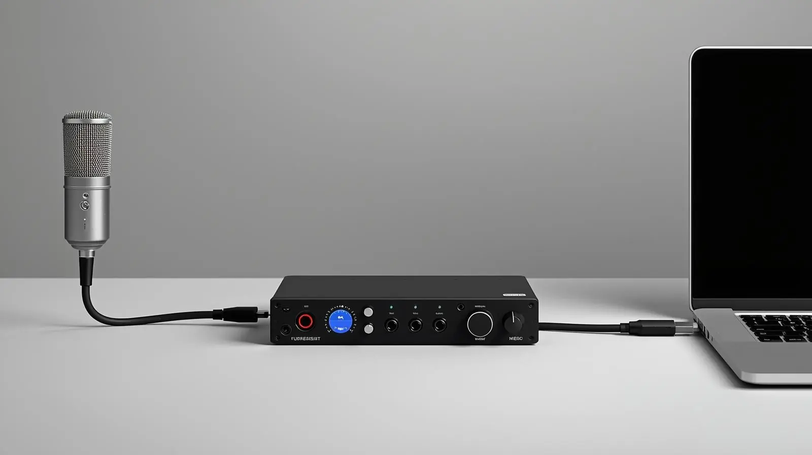 A simple visual of a connected signal chain microphone into a preamp, preamp into an interface