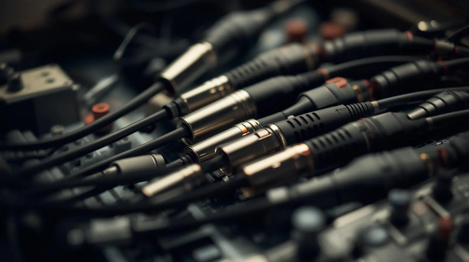 A candid or semi-staged studio environment photo showing XLR cables connecting microphones to a mixer