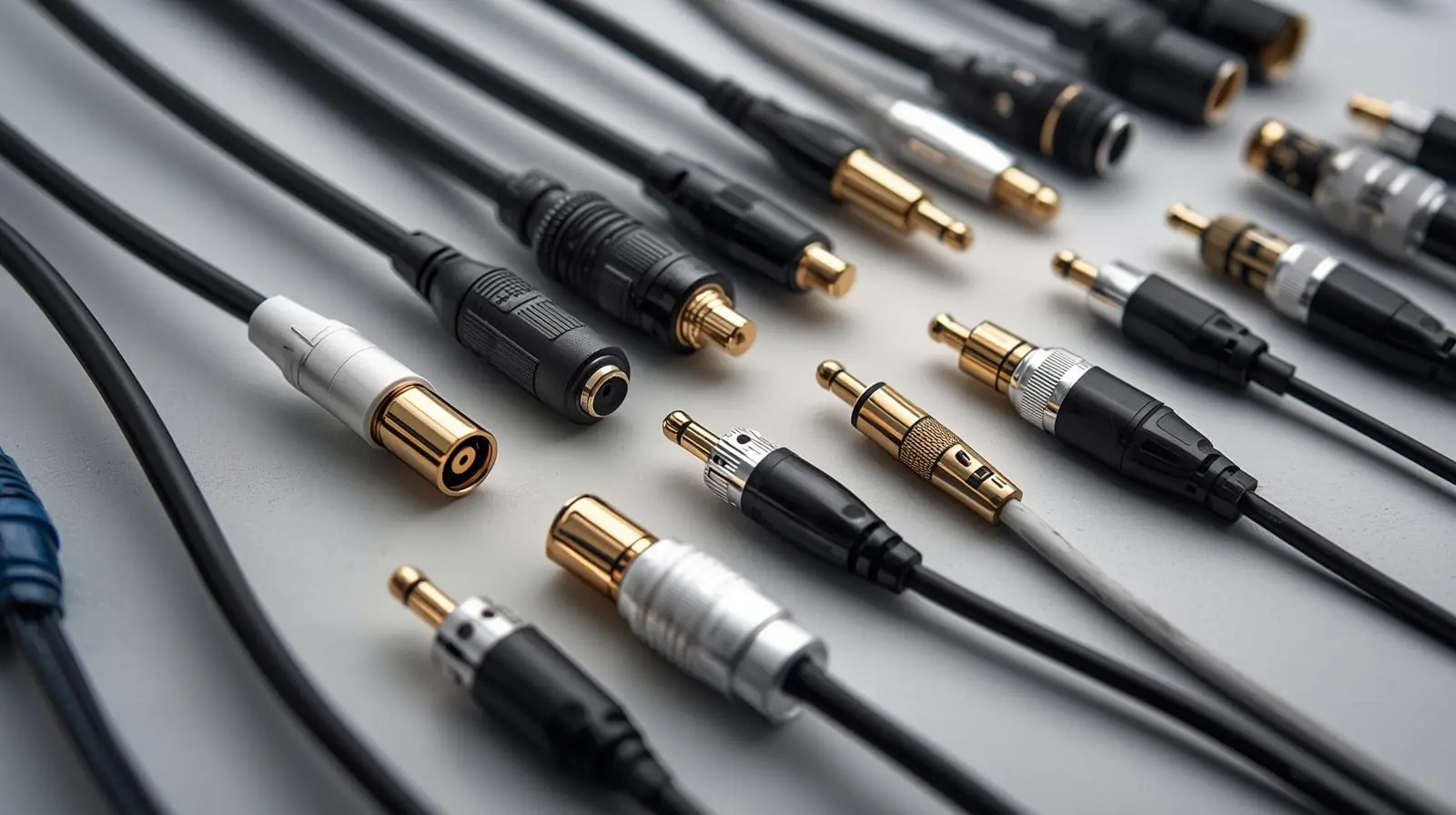 A high-quality shot comparing different XLR cables laid out neatly, showing varying thicknesses