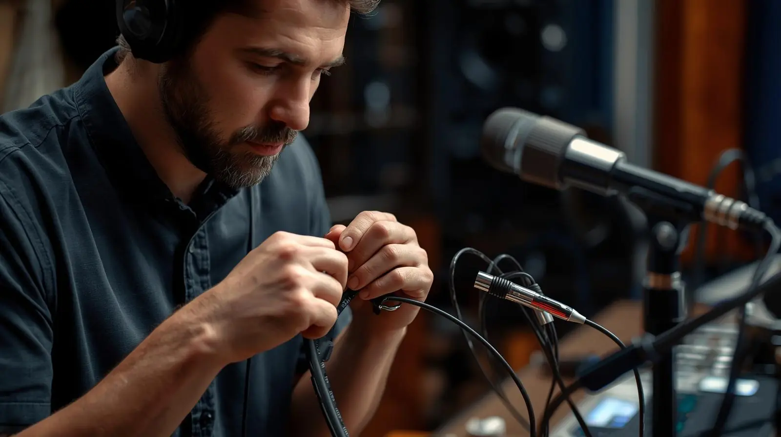Technician or audio engineer coiling an XLR cable properly, or testing it with a cable tester