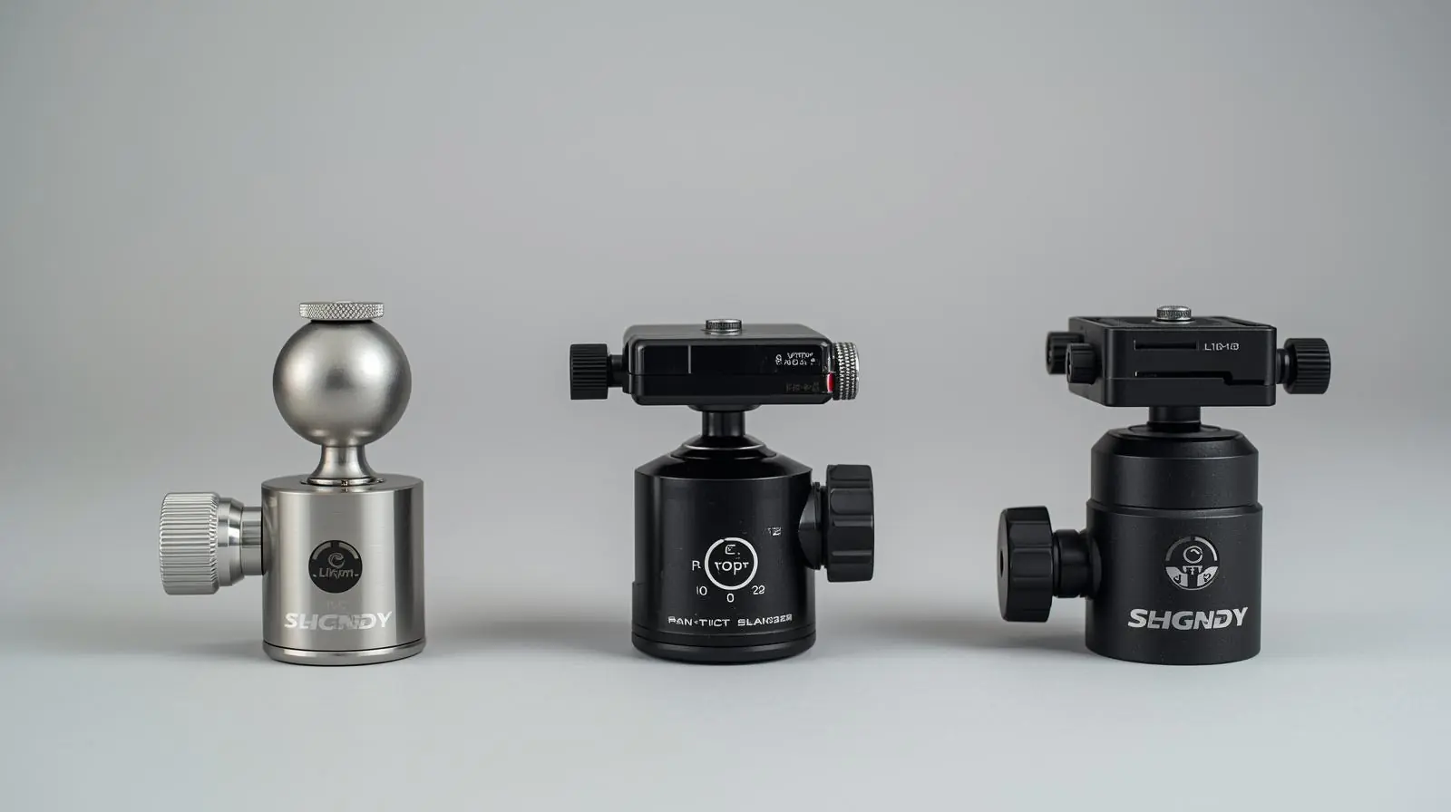 A close-up collage or row of tripod heads