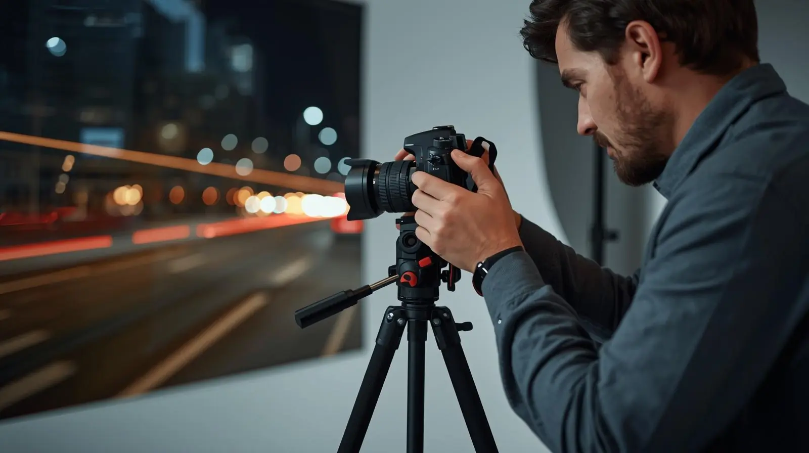 A professional photographer using a tripod in a real-world scenario
